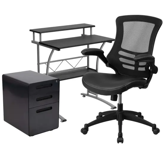 Emma and Oliver Work From Home Kit-Computer Desk, Mesh/LeatherSoft Office Chair, File Cabinet Black {1}