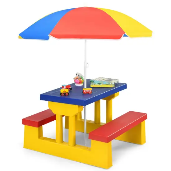 Kids Picnic Folding Table and Bench Set with Umbrella Yellow {1}