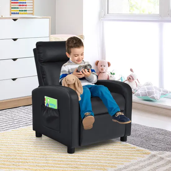 Ergonomic PU Leather Kids Recliner Lounge Sofa for 3-12 Age Group Black {2}