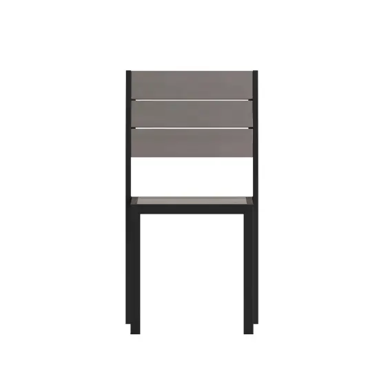 Emma and Oliver Fena Outdoor Stacking Side Chair with Faux Teak Poly Slat Seat, Back and Arms and Metal Frame Gray {3}