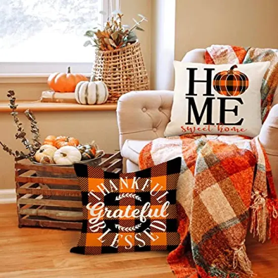 4TH Emotion Fall Decor Pillow Covers 18x18 Set of 4 Thanksgiving Buffalo Check Farmhouse Decorations Orange Black Pumpkin Maple Leaves Outdoor Decorative Throw Cushion Case for Home Couch TH025-18 {4}
