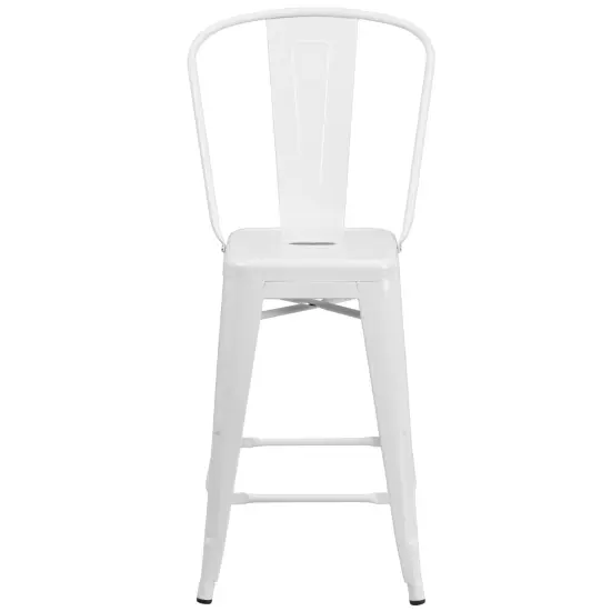Emma and Oliver Commercial Grade 4 Pack 24" High Metal Indoor-Outdoor Counter Height Stool with Back White {3}