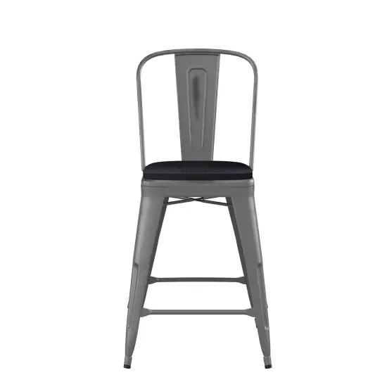Emma and Oliver Grant Clear Coated Metal Stool with Backrest and Polyresin Seat for Indoor Use Only Clear Coated/Black {3}