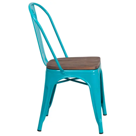 Merrick Lane Calumet Metal Stacking Chair with Curved, Slatted Back and Rustic Wood Seat Crystal Teal-Blue {4}