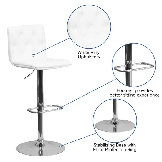 Emma and Oliver Button Tufted Vinyl Adjustable Height Barstool with Chrome Base White {2}