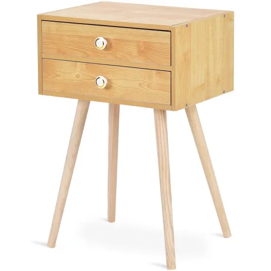 Modern Floor Standing 2 Drawers Nightstand with Wooden Legs and Golden Knob Natural {5}