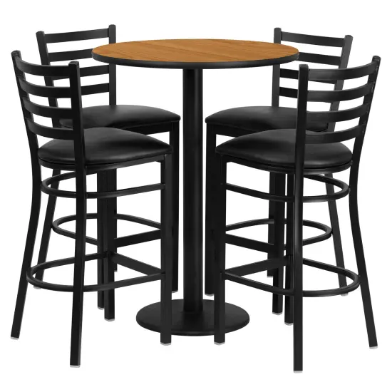 Emma and Oliver 30" Round Laminate Table Set with 4 Ladder Back Metal Stools NaturalTop/BlackVYL {1}