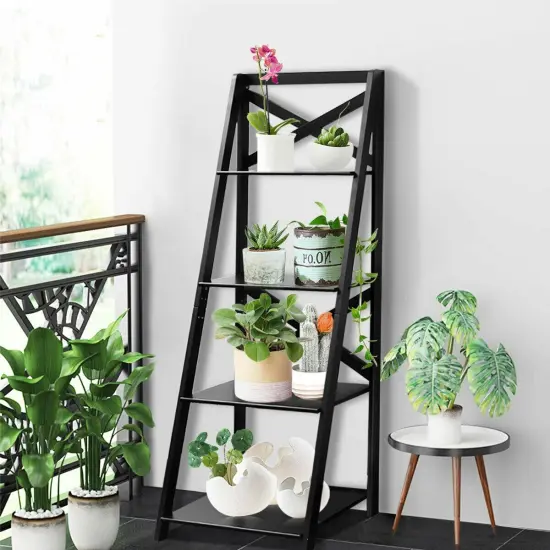 2 Piece MDF 4-Tier Ladder Shelf Bookshelf Rack for Home and Office Black {2}