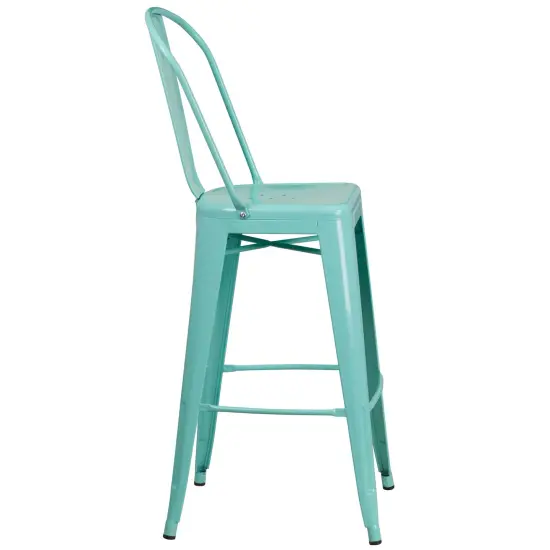 Merrick Lane Sabine Metal Indoor-Outdoor Barstool with Vertical Slat Back and Integrated Footrest Mint Green {5}