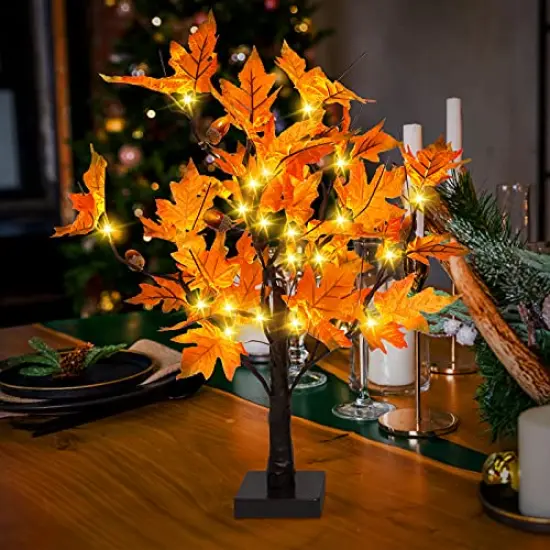 24-inch Fall Lighted Maple Tree with Acorns, 24 LED Lights, Battery Operated Thanksgiving Table Centerpieces Decoration Artificial Tree for Home Desktop Fireplace Autumn Harvest Tabletop Indoor Decor {1}