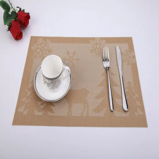 Gold & White Deer Jacquard 12" x 18" In. Woven Non-Slip Washable Placemat Set of 4 {1}