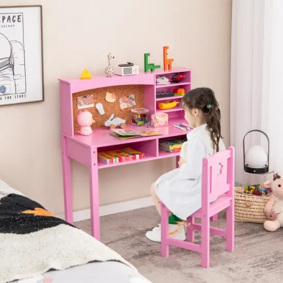 Kids Wooden Desk and Chair Set with 4-tier Storage Shelves and 2 Open Drawers Pink {4}