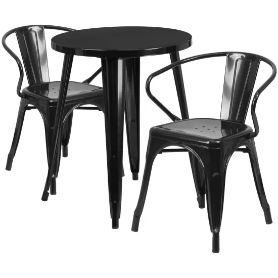 Emma and Oliver Commercial Grade 24" Round Metal Indoor-Outdoor Table Set with 2 Arm Chairs Black-Antique Gold {5}