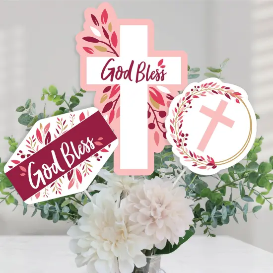 Big Dot of Happiness Pink Elegant Cross - Girl Religious Party Centerpiece Sticks - Table Toppers - Set of 15 {1}