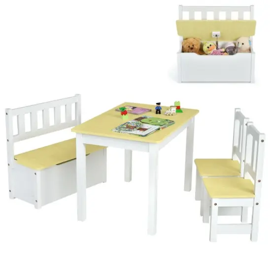 4 Pieces Kids Wooden Activity Table and Chairs Set with Storage Bench and Study Desk Beige {8}