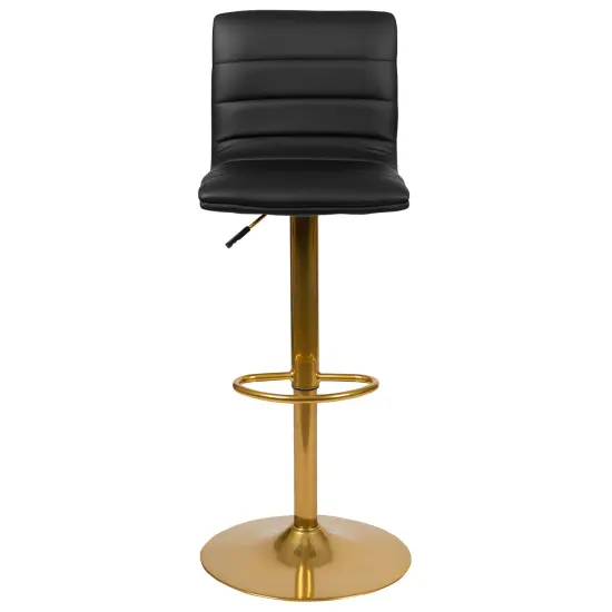 Merrick Lane Set of 2 Contemporary Height Adjustable Swivel Stools with Back and Pedestal Base with Footrest BlackVinyl/GoldFrame {3}
