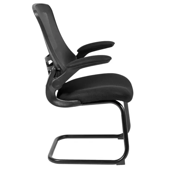 Emma and Oliver Mesh Sled Base Side Reception Chair with Flip-Up Arms-Office Waiting Room Black Mesh {5}