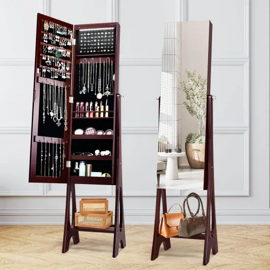 Freestanding Jewelry Cabinet Armoire Organizer with Bevel Edge Mirror Brown {6}