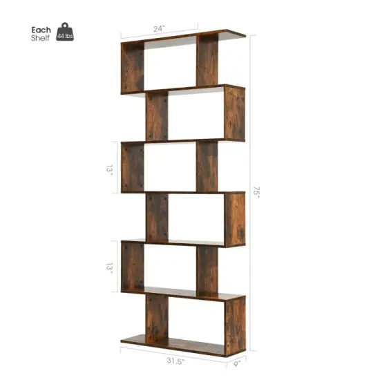 6 Tier S-Shaped Bookshelf Storage Display Bookcase Decor Z-Shelf Coffee {2}