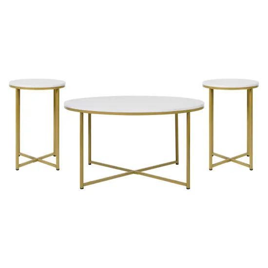 Merrick Lane Fairdale Round Coffee Table Set - 3 Piece Coffee Table Set with Crisscross Frame - Coffee Table & 2 End Tables WhiteMar/BrushGold {1}