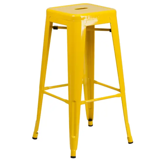 Emma and Oliver Commercial Grade 23.75" Square Metal Indoor-Outdoor Bar Set & 2 Backless Stools Yellow {4}