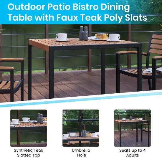 Merrick Lane Faux Teak Outdoor Dining Table with Powder Coated Steel Frame and Umbrella Hole Gray Wash Teak {7}