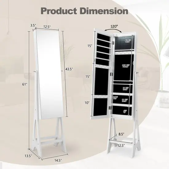 Freestanding Jewelry Cabinet Armoire Organizer with Bevel Edge Mirror White {5}