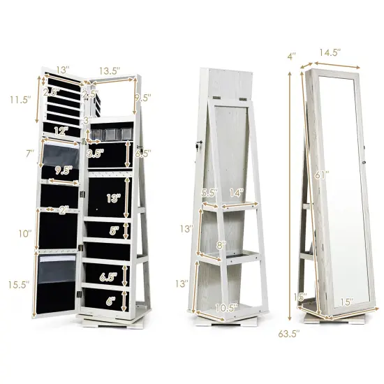 360&deg; Rotatable Armoire 2-in-1 Lockable Mirrored Jewelry Cabinet White {5}