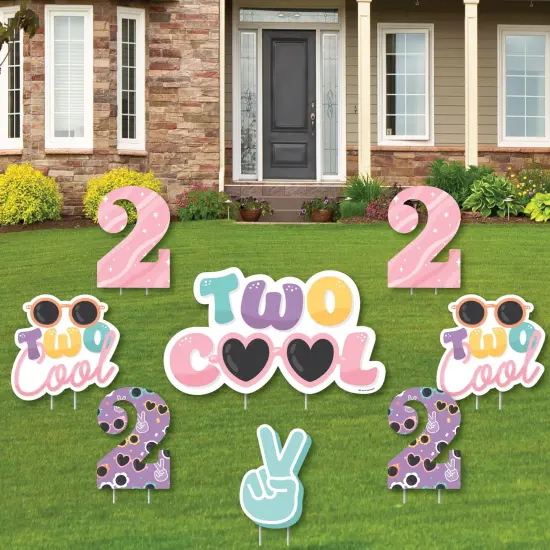 Big Dot of Happiness Two Cool - Girl - Yard Sign and Outdoor Lawn Decorations - Pastel 2nd Birthday Party Yard Signs - Set of 8 {1}