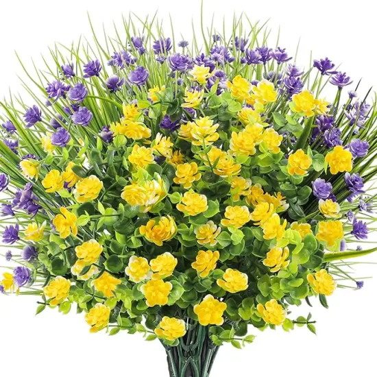 9pcs Artificial Flowers, UV Resistant Faux Outdoor Flowers, Fake Plastic Flowers for Hanging Planter Porch Window Garden Decoration Yellow Purple Green {2}