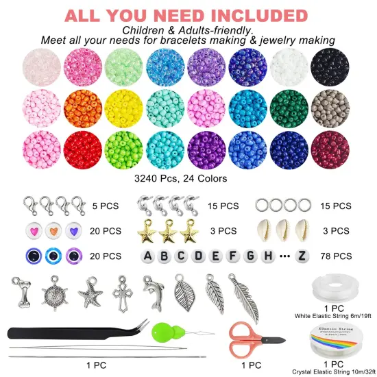 3400 Pieces 4mm Glass Seed Beads for Jewelry Bracelet Making Kit, Small Beads Friendship Bracelet Kit, Tiny Waist Beads Kit with Letter Beads and Elastic String, DIY Art Craft Girls Gifts. {1}