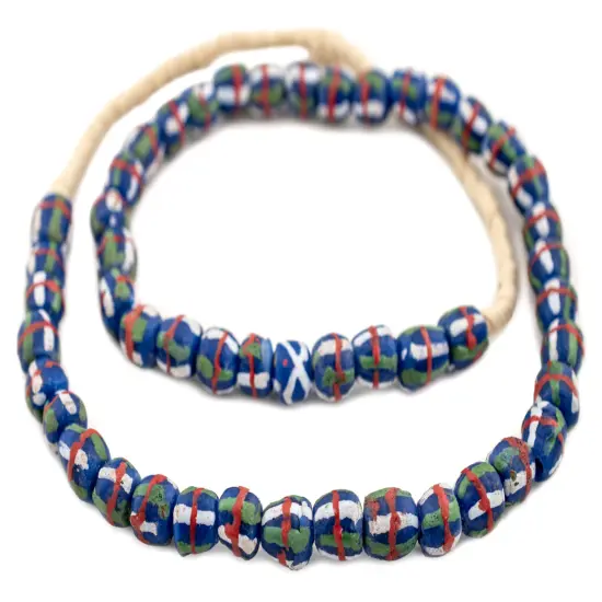 The Bead Chest Blue French Cross Krobo Beads 11mm Ghana African Round Glass Large Hole 28 Inch Strand Handmade {3}