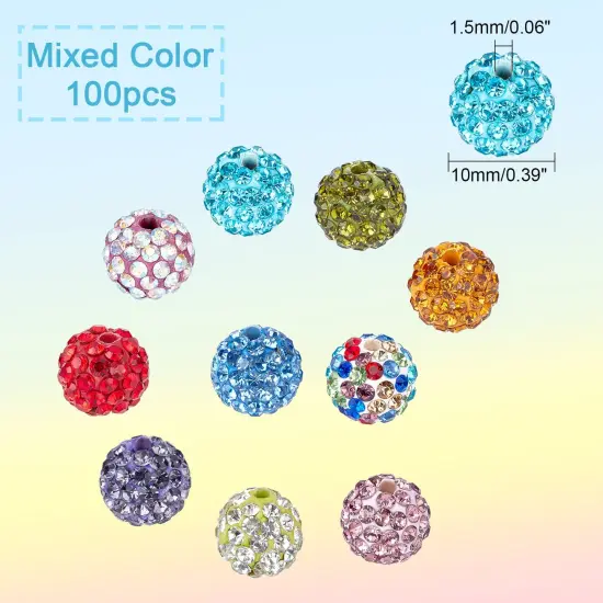 100 Pieces 10mm Crystal Beads Rhinestones Beads Pave Disco Ball Beads Mixed Color Polymer Clay Diamond Round Beads for Summer Bling Pen Bracelet Necklace Earring Jewelry Making Christmas {6}