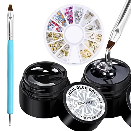 4 Pieces Set Rhinestone Glue for Nail, No Wipe Nail Gem Glue, Super Strong Adhesive Glue Gel with Nail Charms & Dual-Use Nail Brush for Nail Rhinestones/Nail Jewelry/Nail Diamonds {1}