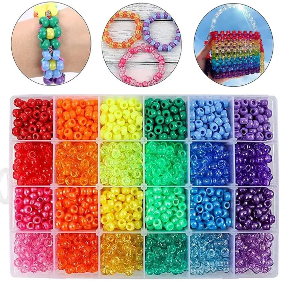 2880 Pieces Pony Beads Kit, Kandi Beads for Hair, Rainbow Beads Plastic Bead for Craft 6 x 9mm 24 Colors 4 Styles Large Hole Beads Set for Bracelets Jewelry Making {3}