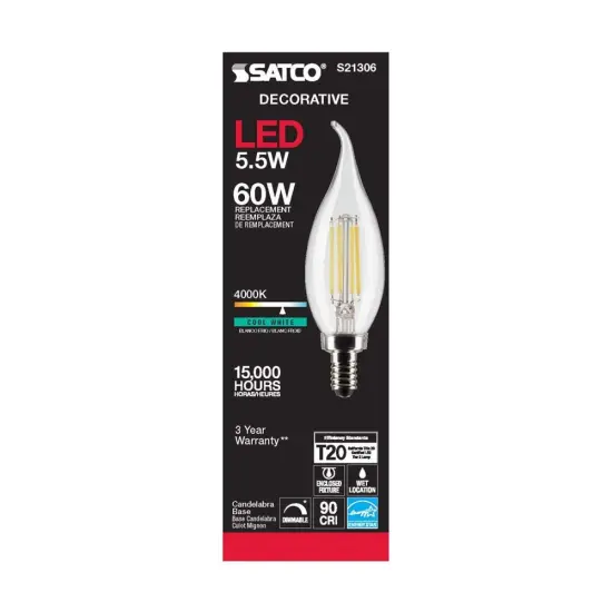 Satco 5.5w CA10 LED 4000K Candelabra Base Dimmable - 60w equiv Cool White {5}