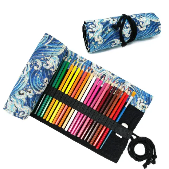 Wrapables Pencil Roll Organizer, Colored Pencil Wrap Pouch (72 slots) Blue Waves {1}