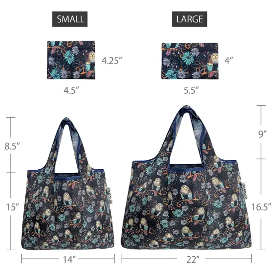 Wrapables Large & Small Foldable Tote Nylon Reusable Grocery Bags, Set of 2 Deco Owls {2}