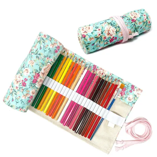 Wrapables Pencil Roll Organizer, Colored Pencil Wrap Pouch (72 slots) Pink Rose on Teal {1}