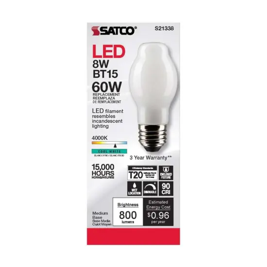6Pk - Satco 8w BT15 LED 4000K Medium Base White Dimmable - 60w equiv Cool White {4}