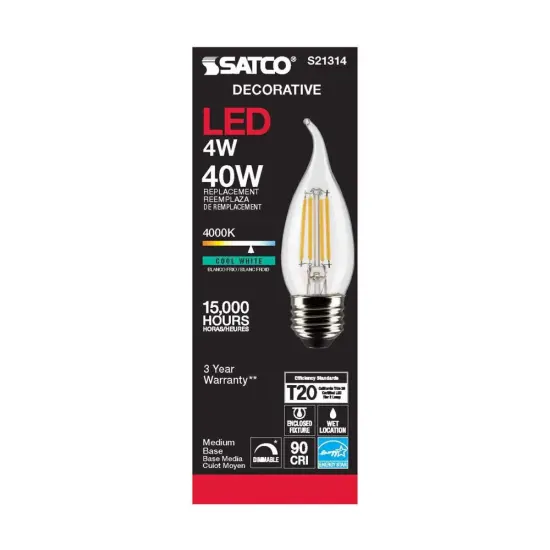 6Pk - Satco 4w CA10 LED 4000K Medium Base Dimmable - 40w equiv Cool White {5}