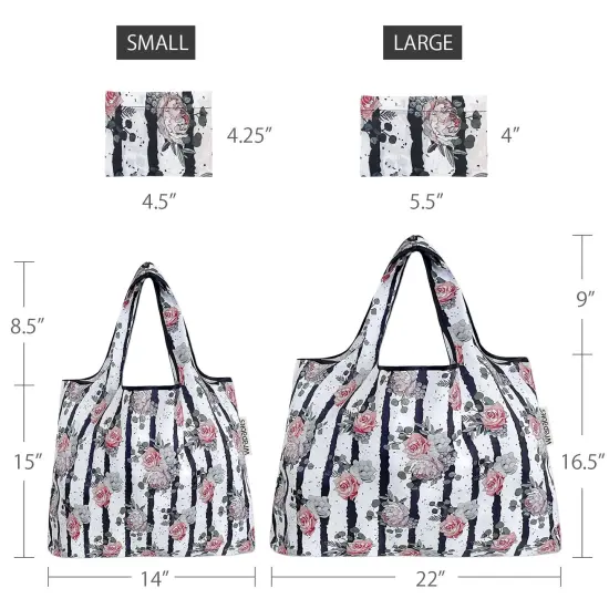 Wrapables Large & Small Foldable Tote Nylon Reusable Grocery Bags, Set of 2 Rose & Stripes {2}