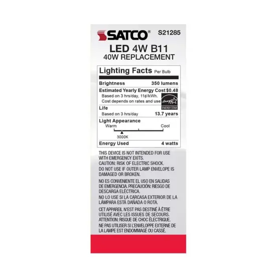 6Pk - Satco 4w B11 LED 3000K Medium Base Dimmable - 40w equiv Warm White {6}
