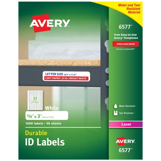 Avery Durable ID Labels, Permanent Adhesive, 5/8" x 3", 1,600 Labels (6577) {1}