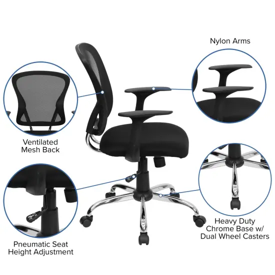 Emma and Oliver Mid-Back Mesh Swivel Task Office Chair with Chrome Base and Arms Black {2}