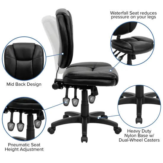 Emma and Oliver Mid-Back Multifunction Pillow Top Swivel Ergonomic Task Office Chair Black LeatherSoft {2}