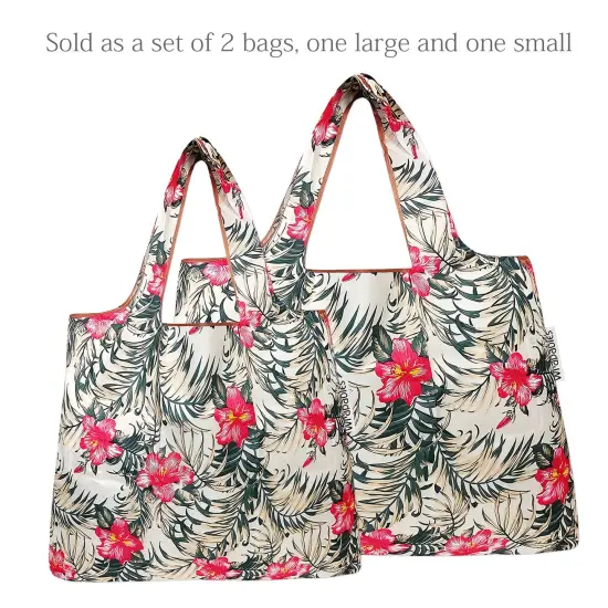 Wrapables Large & Small Foldable Tote Nylon Reusable Grocery Bags, Set of 2 Tropica Pink Floral {3}