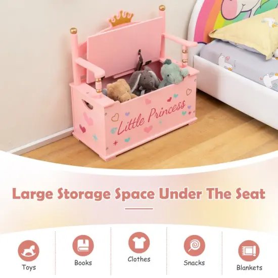 2-In-1 Kids Princess Wooden Toy Box with Safe Hinged Lid-Pink {6}