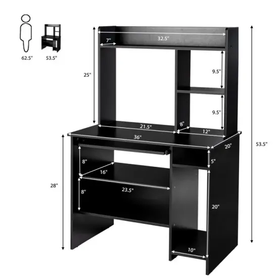 2-in-1 Computer Desk with Open Storage Shelves and Keyboard CPU Stand Black {6}
