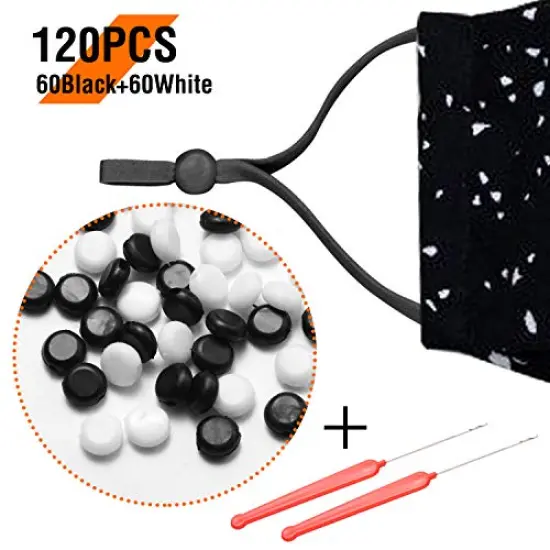 120 PCS Black and White Adjustable Soft Elastic String Cords Buckle Adjuster with 2 pcs Crochet Hook,Suitable for All Different Sizes of mask Straps Bands (1/8,1/5,1/4,5/8 Straps) {2}